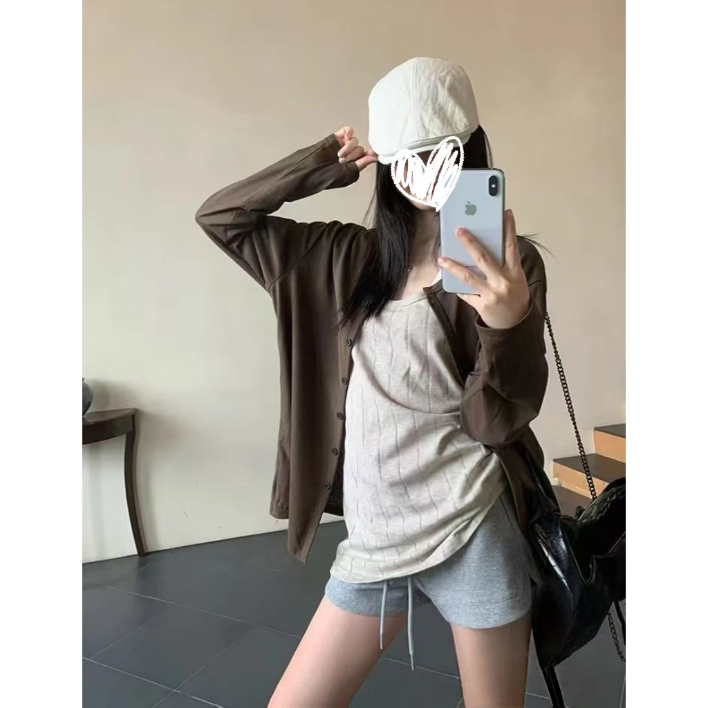 慵懒风宽松薄款简约气质长袖开衫+内搭纯色竖坑纹背心上衣套装