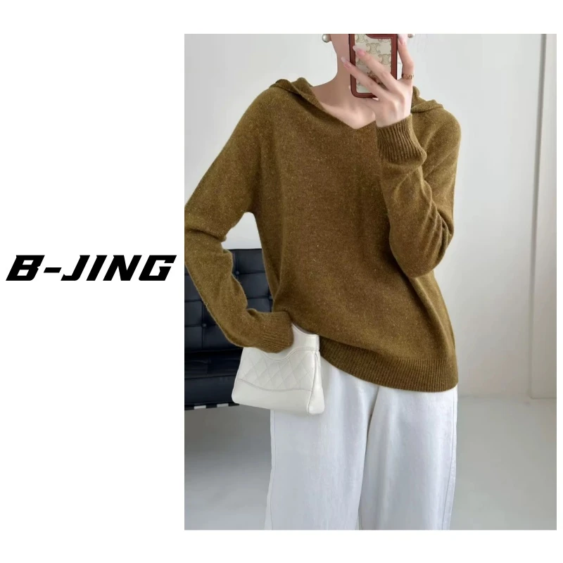 【莎莎家】春秋新款全羊毛帽衫百搭透气时尚洋气宽松打底2505