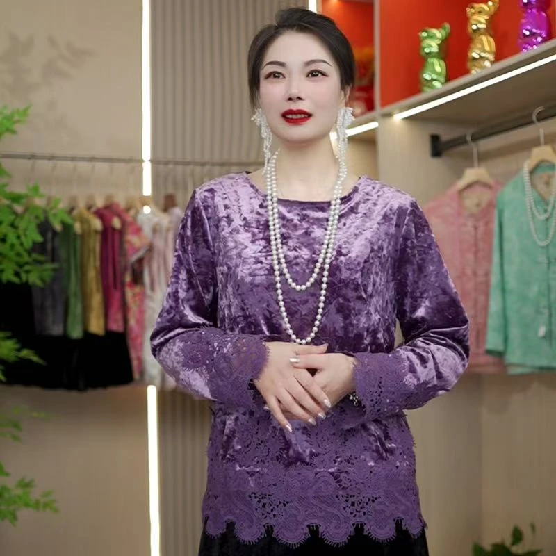 新中式蝴蝶提花蕾丝边衬衫女2025春季国风百搭镂空圆领长袖上衣潮