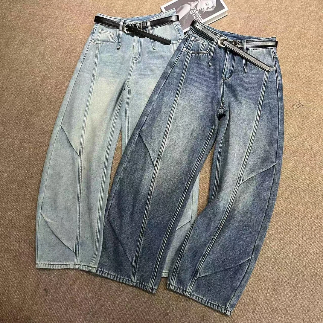 TING GE 内里加绒款~冬季宽松显瘦阔腿弯刀牛仔裤【带腰带】 H 6292