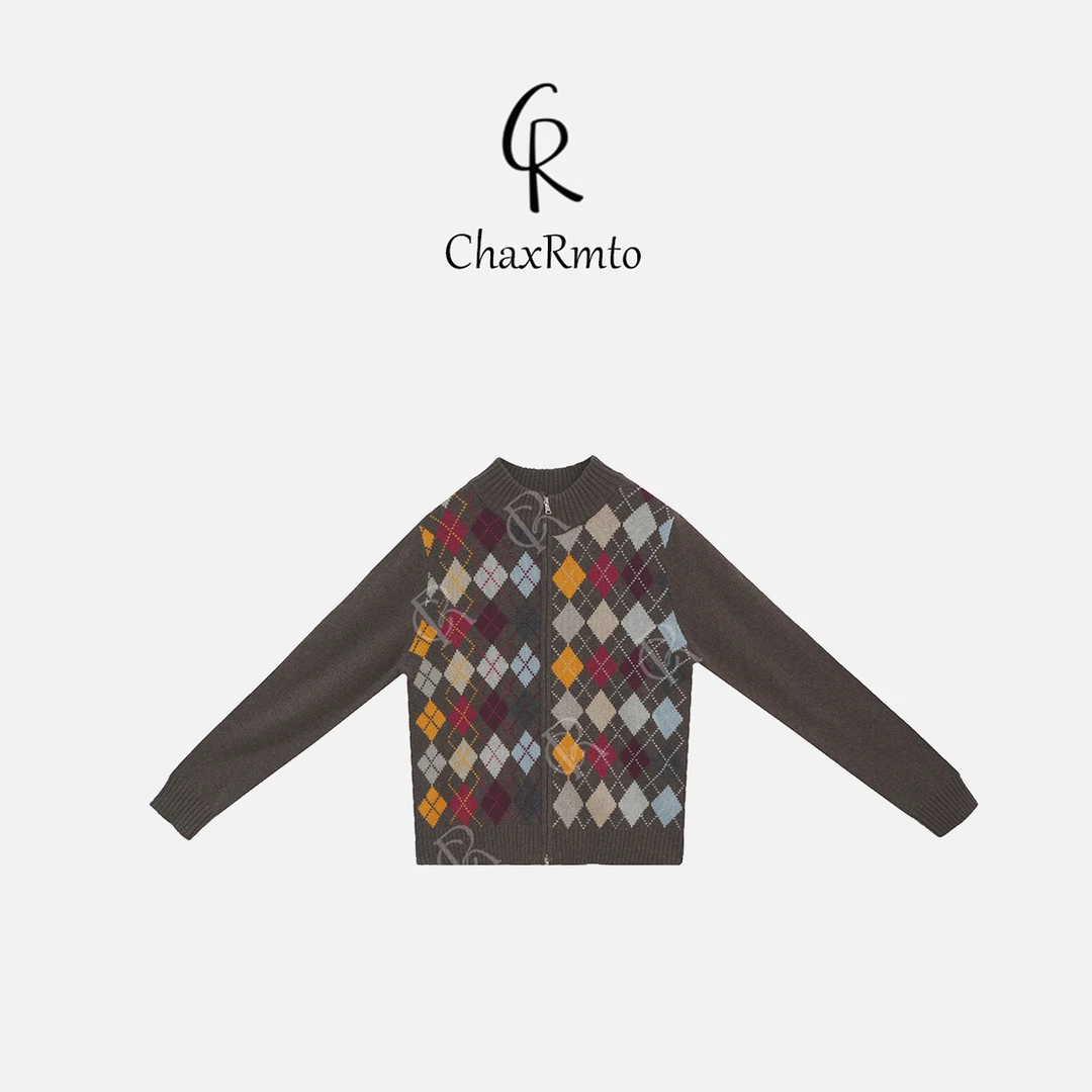 ChaxRmto 100绵羊毛撞色菱格双头拉链针织衫 斯斯CC2D2540