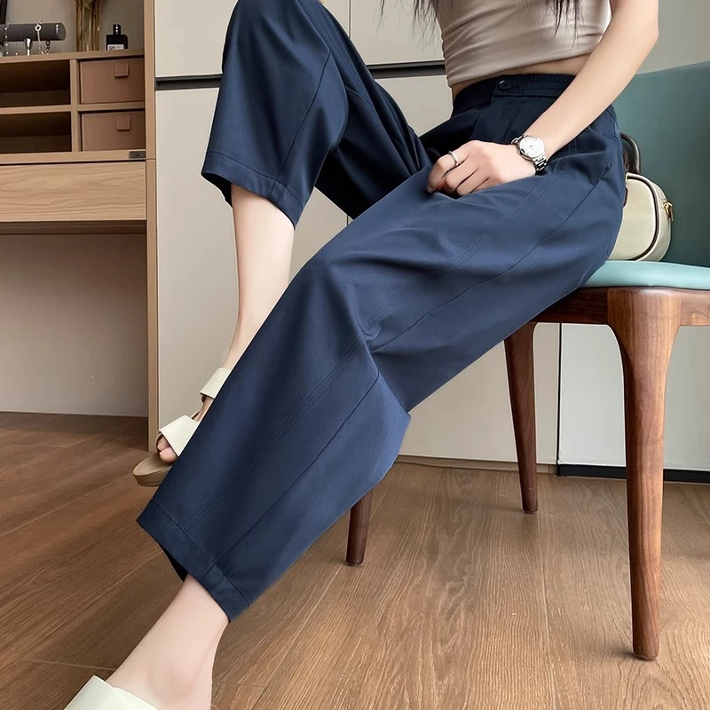 藏蓝色速干哈伦裤女2025夏季薄款九分高腰显瘦垂感小个子老爹裤潮