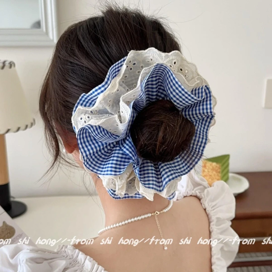 格子蕾丝发绳四层花边发圈复古韩系少女头绳丸子头发饰2025春夏新