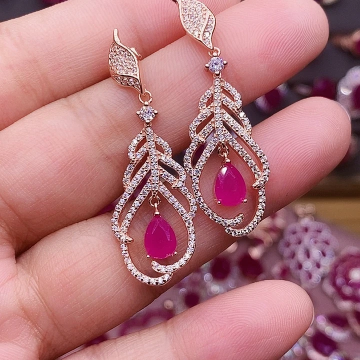 耳饰银S925镶嵌红宝石