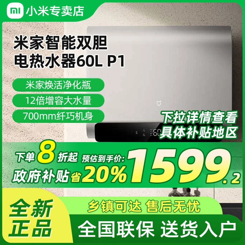 小米米家智能电热水器60L升 P1家用大容量卫生间双胆节能免换镁棒