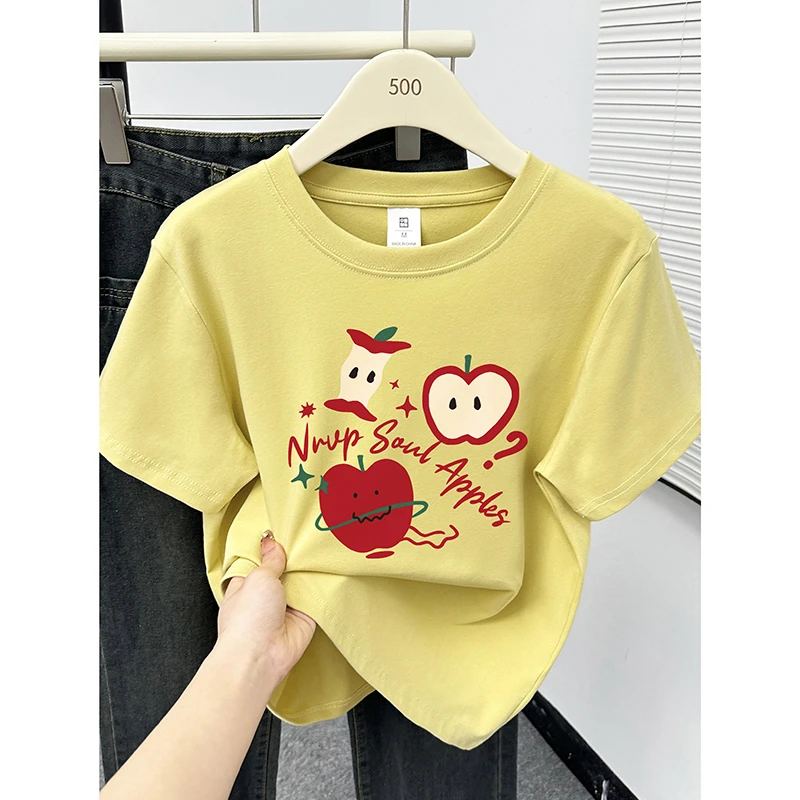 正肩大码女装圆领短袖T恤夏季时尚设计感苹果印花半袖潮流上衣夏