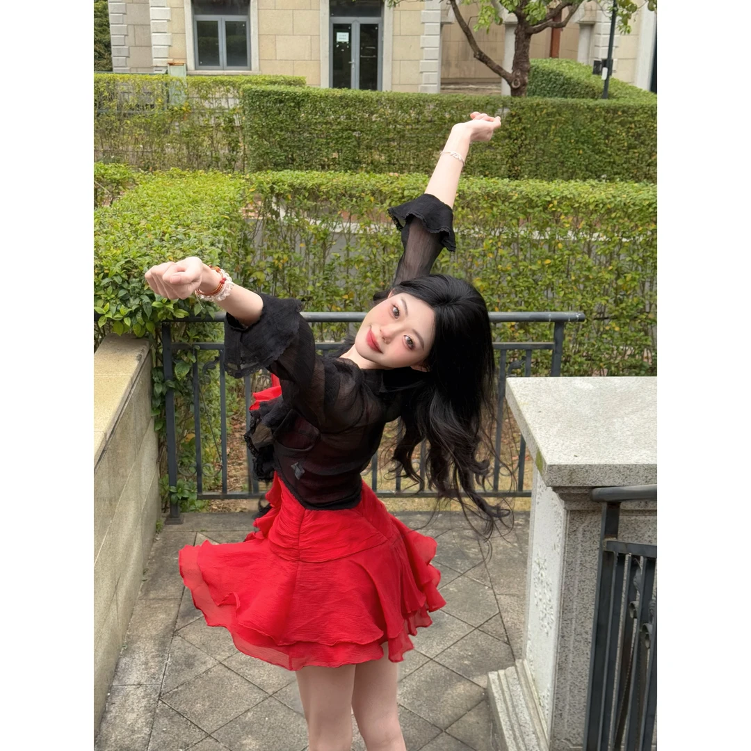 小美长袖蕾丝雪纺开衫2025春罩衫黑红荷叶边