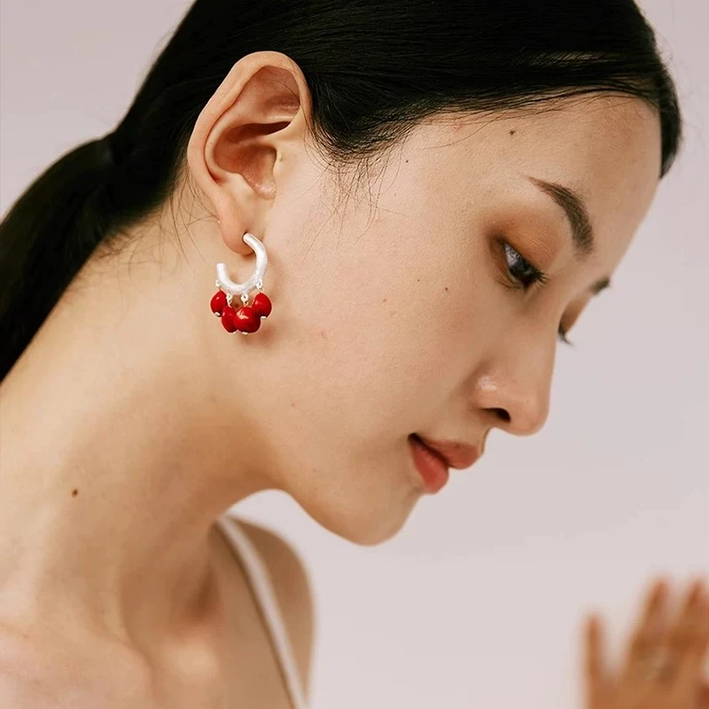 黄铜耳饰 HDE*果簇系列木珠果实耳钉冬季轻奢小众相思豆多颗耳饰