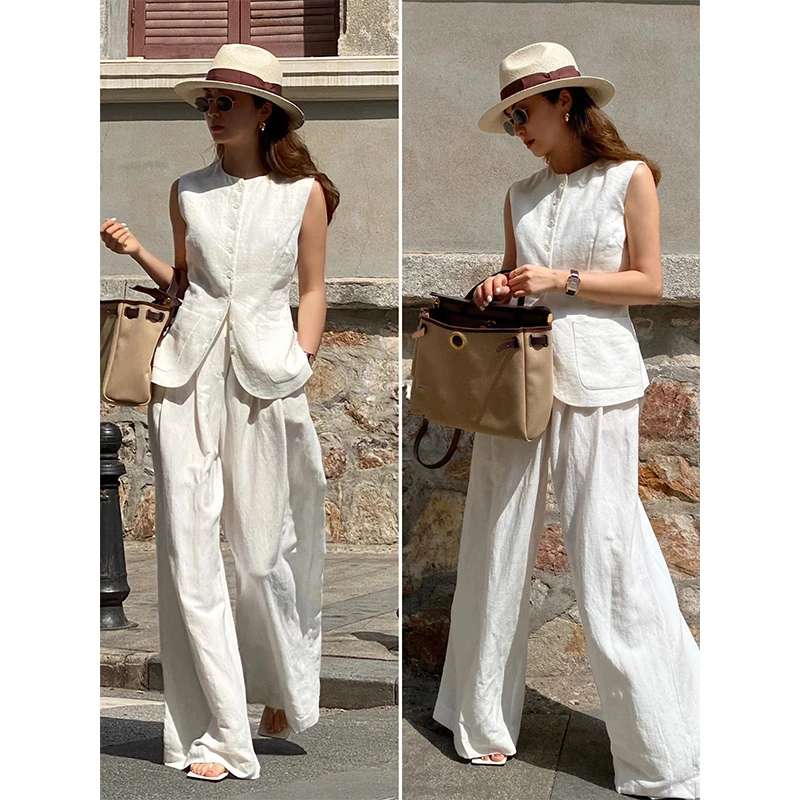 法式亚麻老钱风休闲风时尚套装女装时尚夏季显瘦吊带马甲阔腿裤