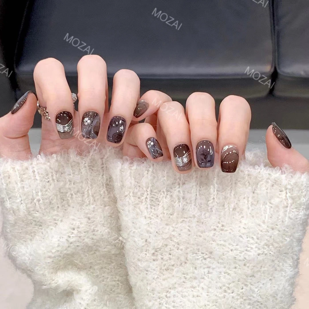 茉哉一珞高定【水彩手绘款/战地玫瑰】纯手工定制美甲穿戴甲F0004