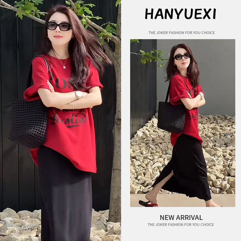 今年流行穿搭一整套2025新款字母印花短袖上衣修身显瘦半身裙套装