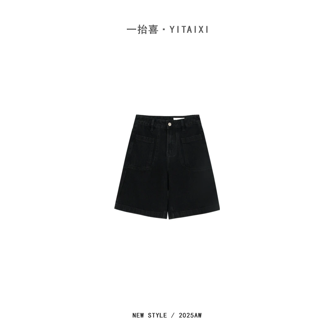 夏新款黑色极简休闲港风复古宽松棉质百搭通勤无弹牛仔短裤女