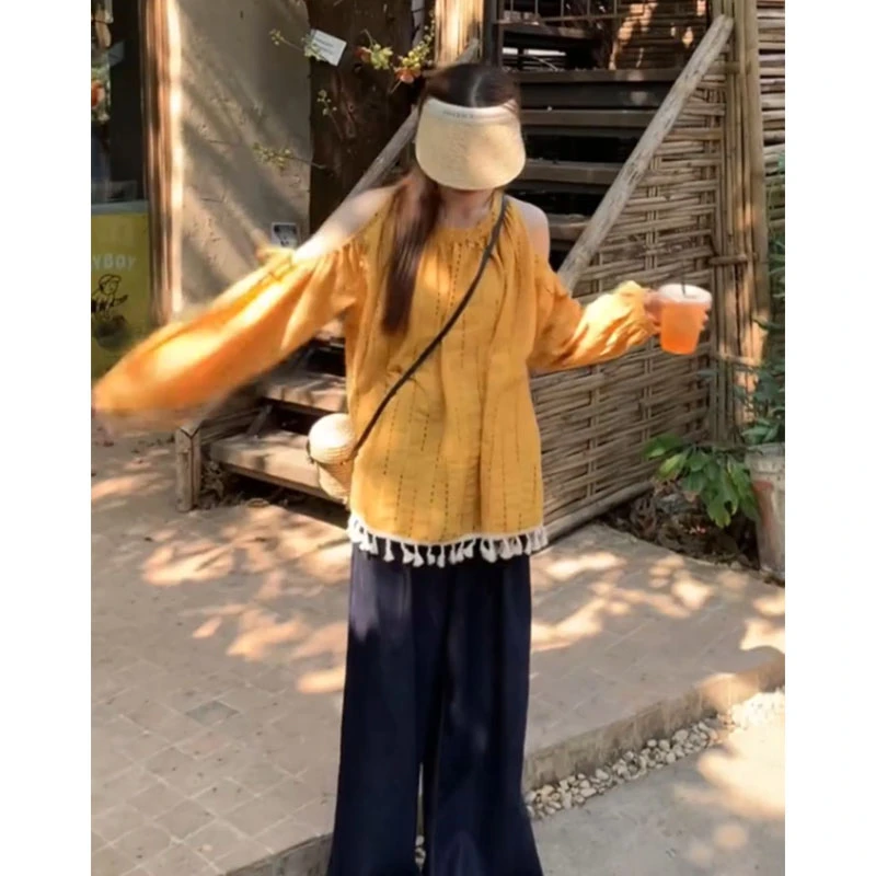 韩系甜美休闲百搭气质洋气时尚露肩长袖上衣高腰修身宽松阔腿裤女