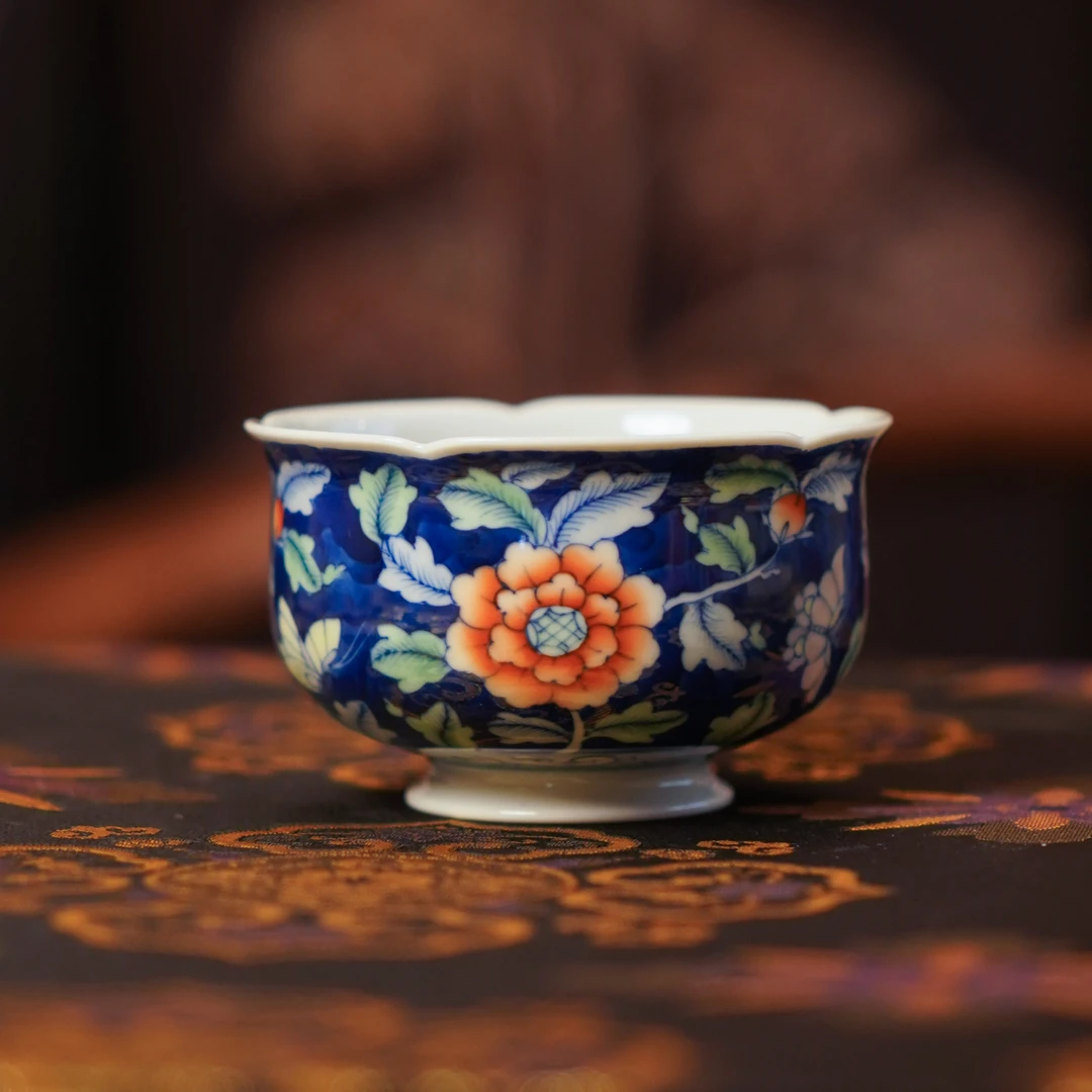 卓君蓝地牡丹花口杯珐琅彩茶具茶杯主人杯品茗杯纯手绘陶瓷杯子