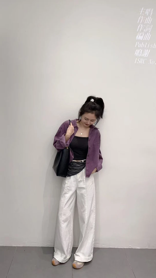 2025秋季新款韩版复古灯芯绒紫色长袖衬衫宽松衬衣百搭直筒裤套装