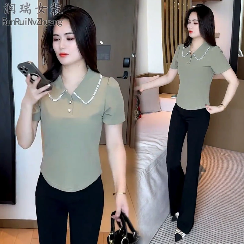 极简风时尚套装女2025夏季新款小个子修身短袖T恤微喇裤两件套潮