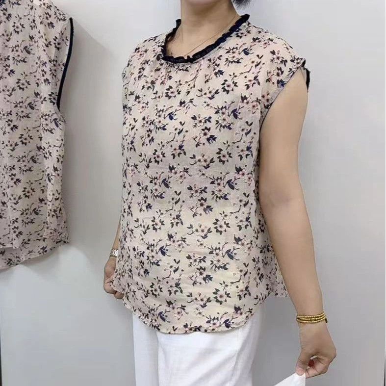 夏季高档时尚新中式新款洋气花边T恤妈妈薄款气质减龄圆领上衣