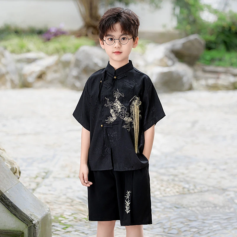 男童汉服套装国风刺绣马褂背心儿童新中式主持演出服花童周岁礼服