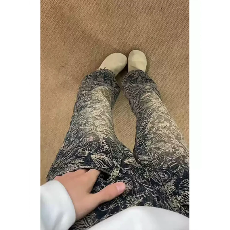 cleanfit重工满印提花工装牛仔裤男潮牌腰果花裤子微喇柳叶弯刀裤