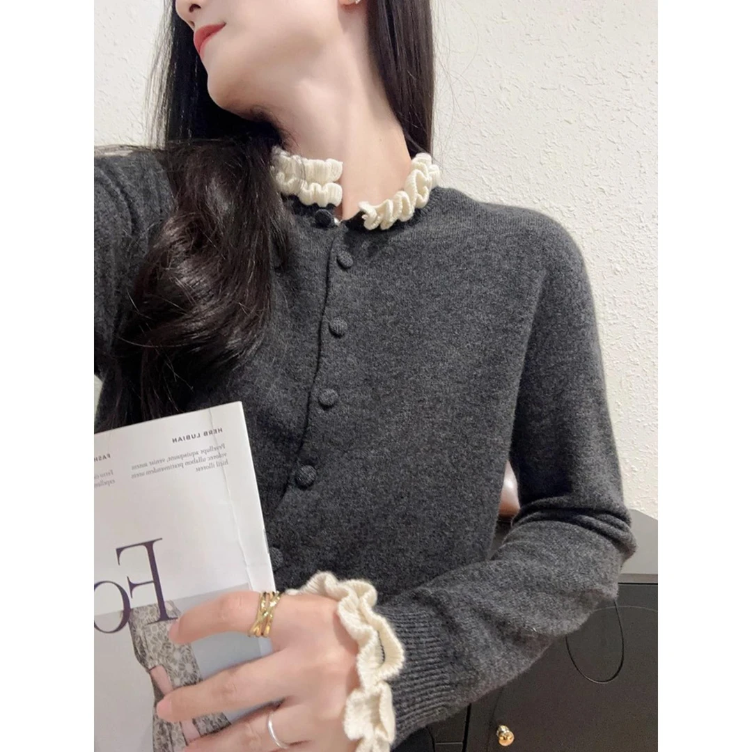 灰色木耳边假两件长袖针织衫女秋冬高级感短款打底衫内搭上衣毛衣