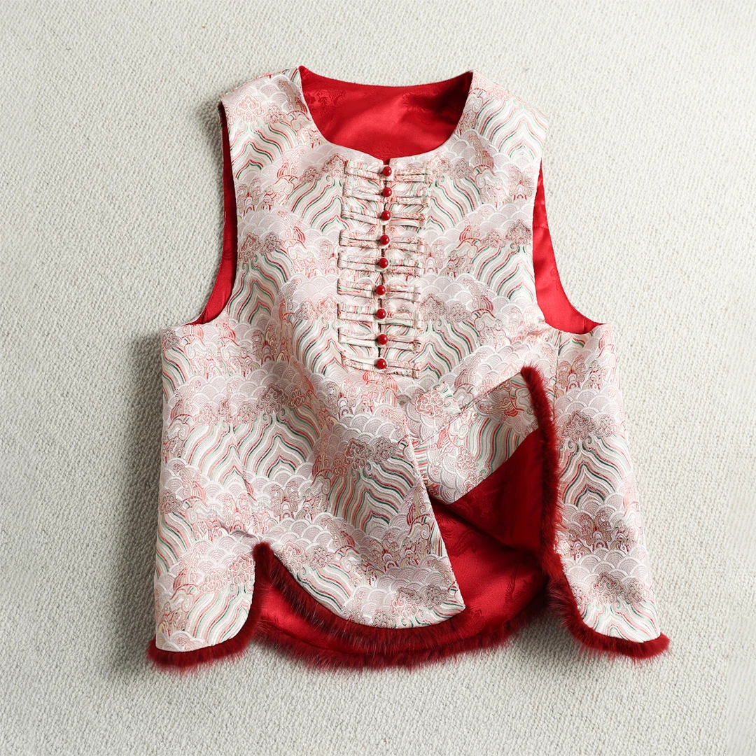 拼接新中式宋锦提花棉马甲棉服女水貂毛冬装复古国风夹棉背心上衣