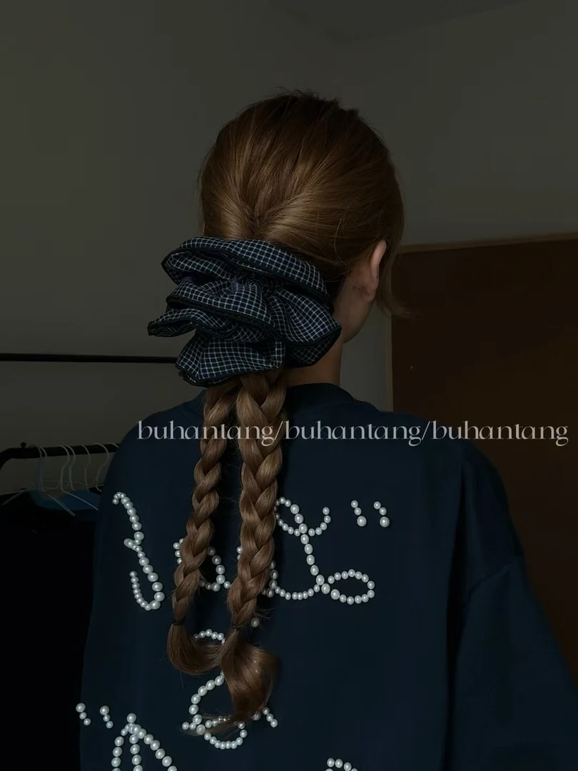 不韩糖 韩系孔雀蓝格子双层发圈！！时尚通勤低马尾丸子头大肠圈！