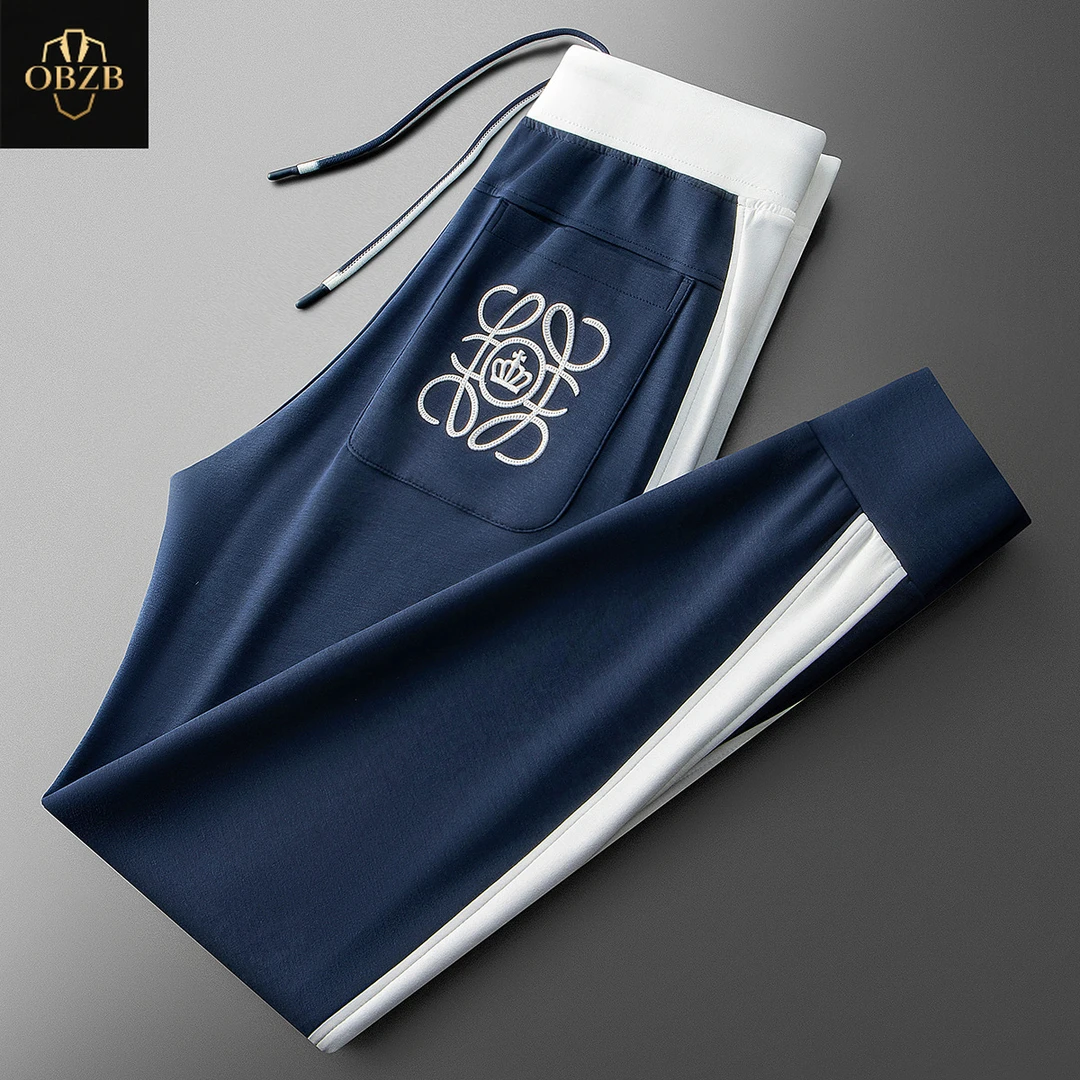 夏季高端时尚潮流撞色拼接冰丝莫代尔休闲裤男士修身小脚卫裤男款