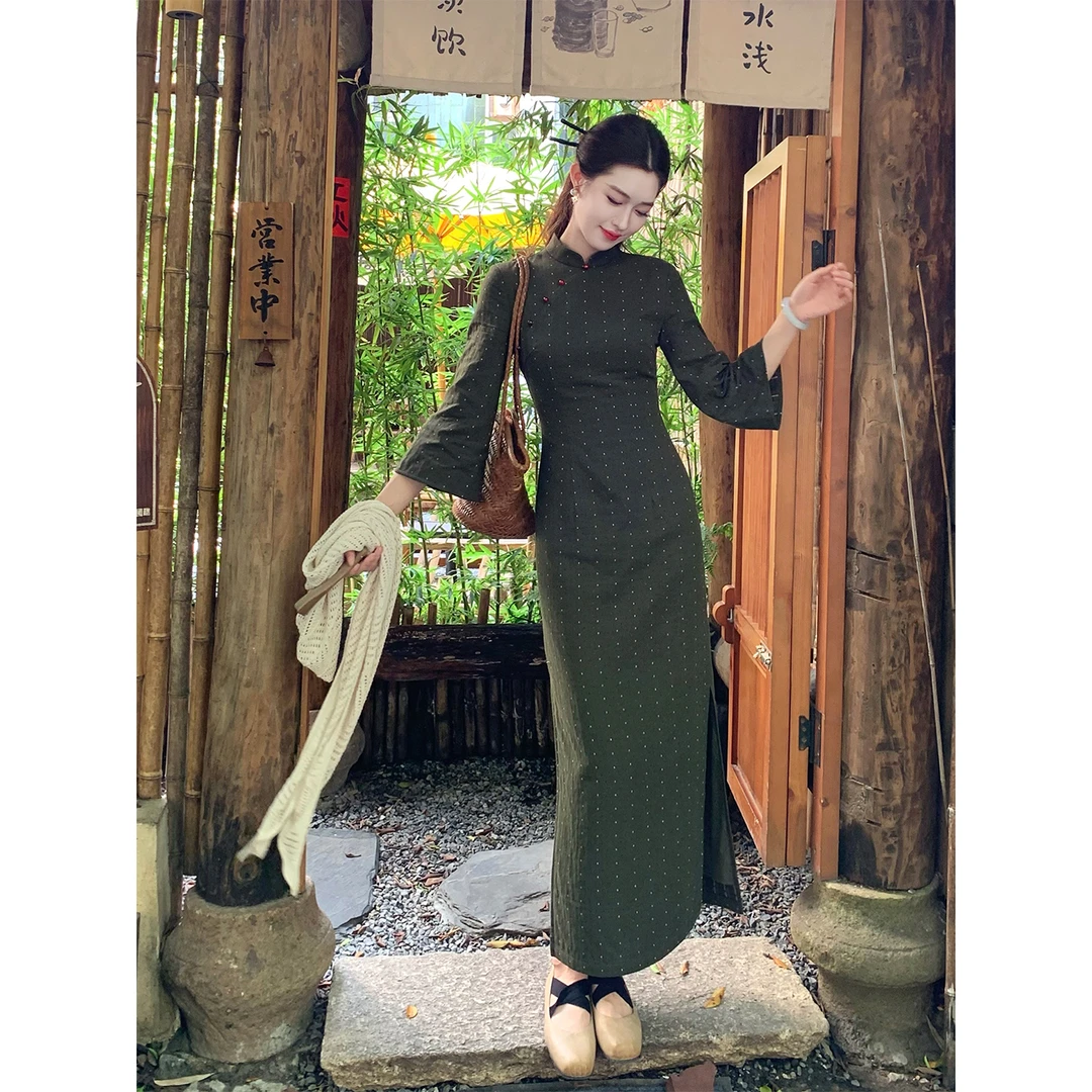 凌茜恣禾【枝知】国风新中式墨绿色旗袍温婉优雅修身显瘦旗袍连衣裙