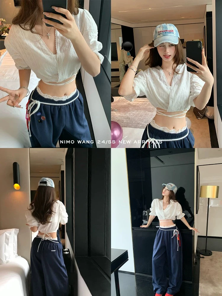 小个子Jennie穿搭 法式短袖衬衫女夏宽松刺绣小衫辣妹上衣套装