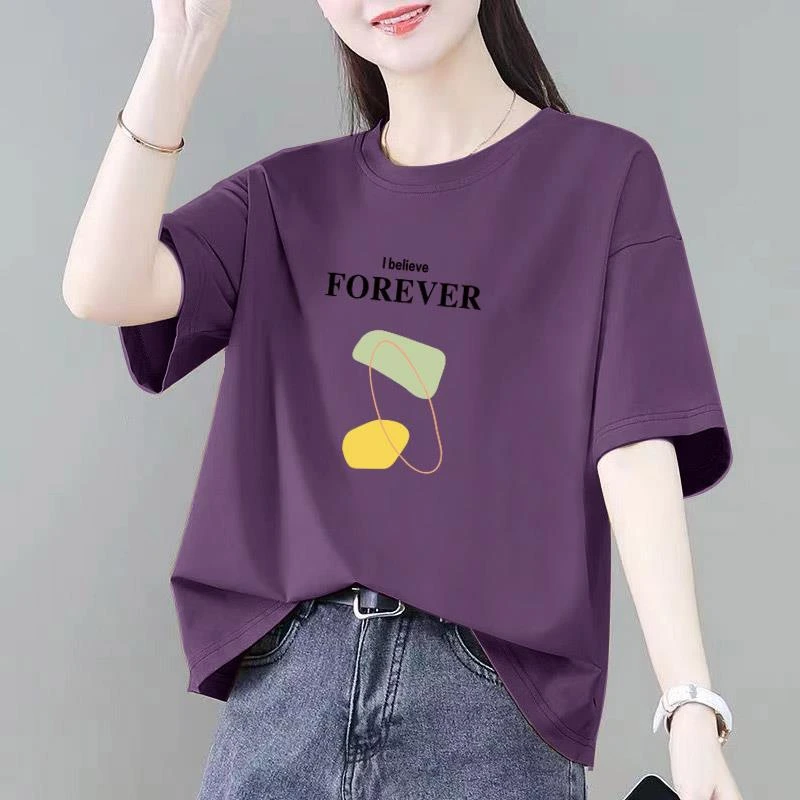 时尚大码纯棉T恤女士洋气遮肚子夏季新款减龄正肩百搭体恤打底衫