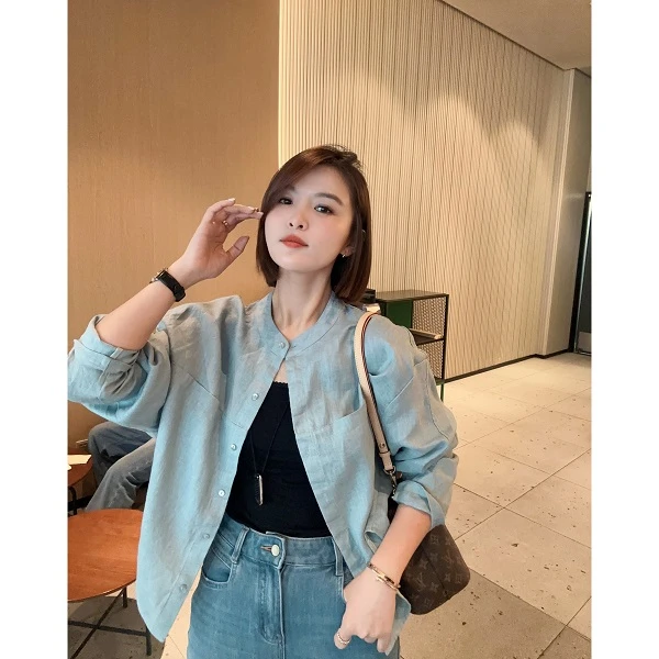 【莫兰迪】100%亚麻老钱风蝙蝠袖龟背拼接个性高级感防晒衬衫