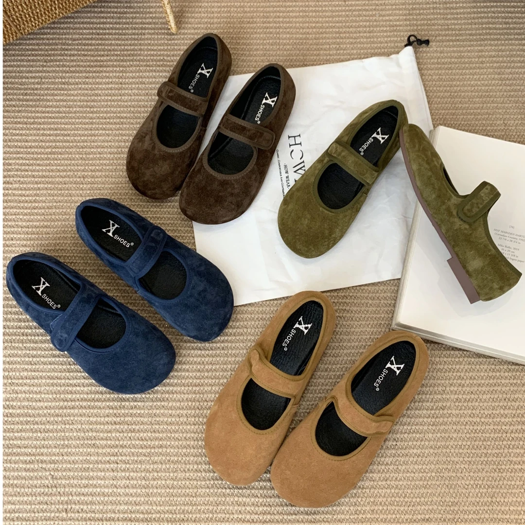 真皮浅口女鞋子平底休闲百搭秋冬季魔术贴胶粘单鞋圆头复古玛丽珍