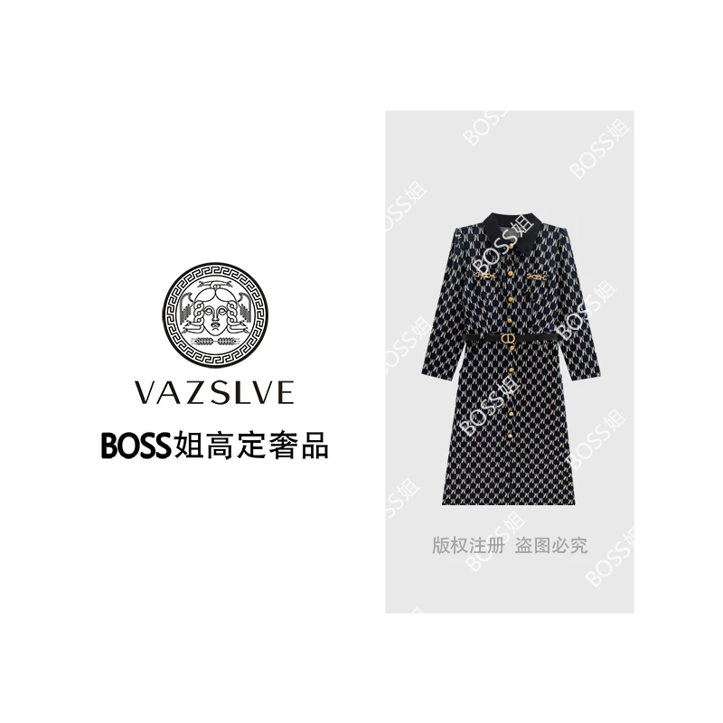 【VAZSLVE/原创设计】秋季印花气质时尚修身长袖连衣裙Q8167