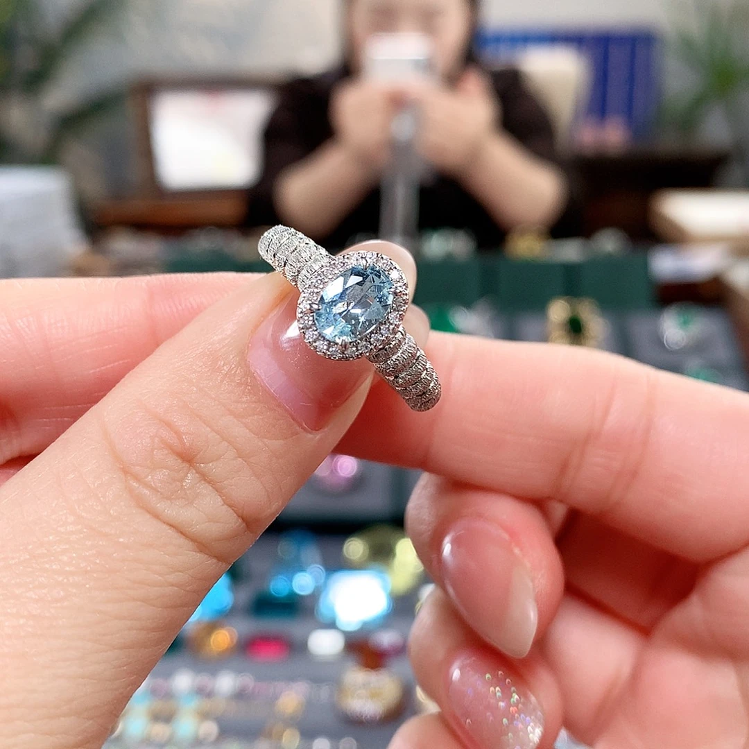 海蓝宝石戒圈银S925镶嵌海蓝宝拉丝戒指