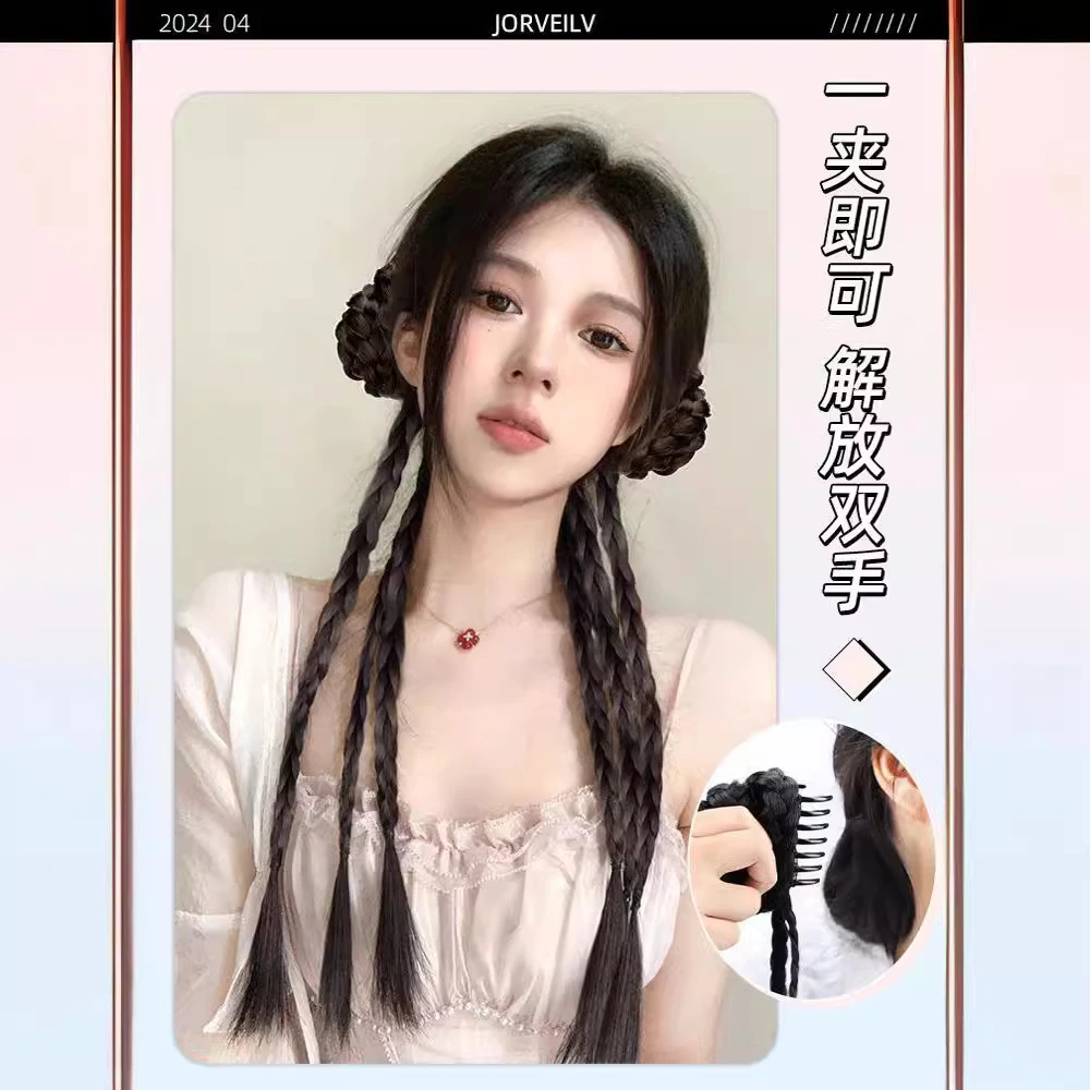 辣妹马尾抓夹国风发包辫子拳击假发辫甜酷高温丝新中式麻花双麻花