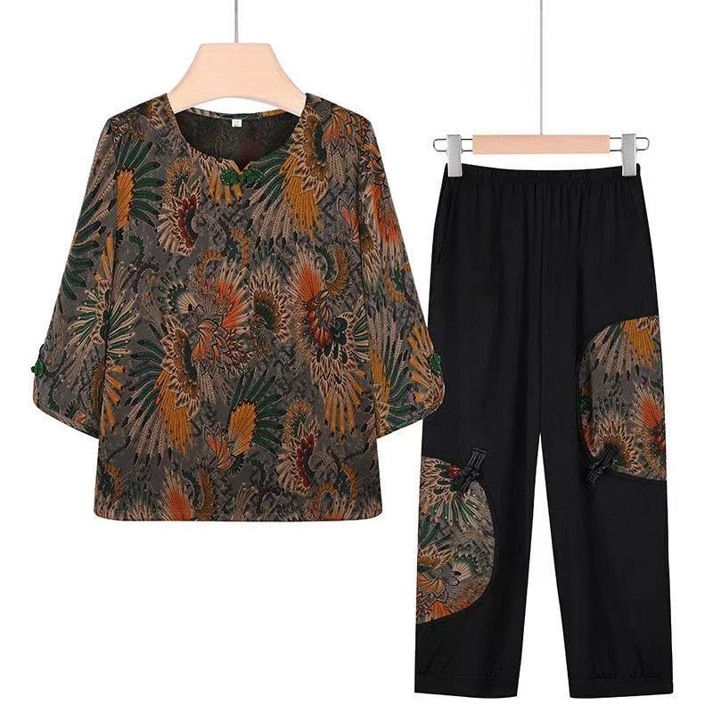 9206-女夏装套装圆领盘扣大码两件套宽松休闲妈妈装【C11-2-2】