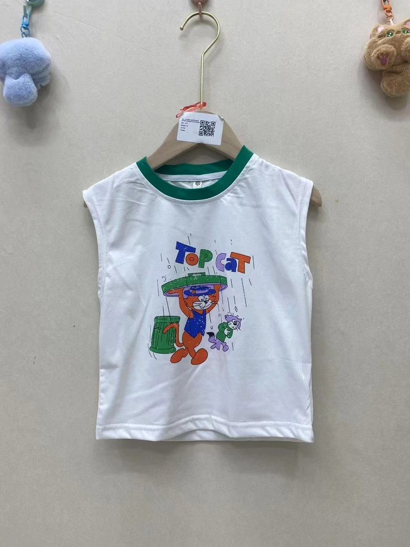 字母卡通动漫男无袖圆领背心吊带女童百搭蓝色夏款