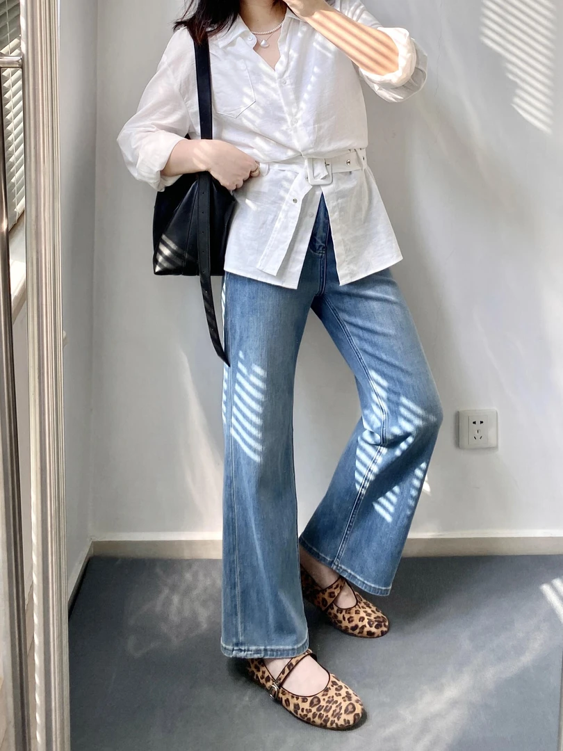 2025春夏新韩系气质通勤收腰白色衬衫直筒高腰垂感牛仔裤两件套装