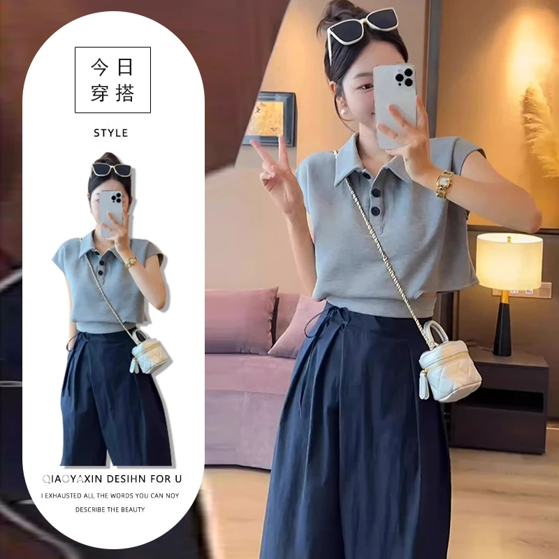 可爱风穿搭两件套女2025夏季气质polo领短款上衣+高腰遮胯休闲裤