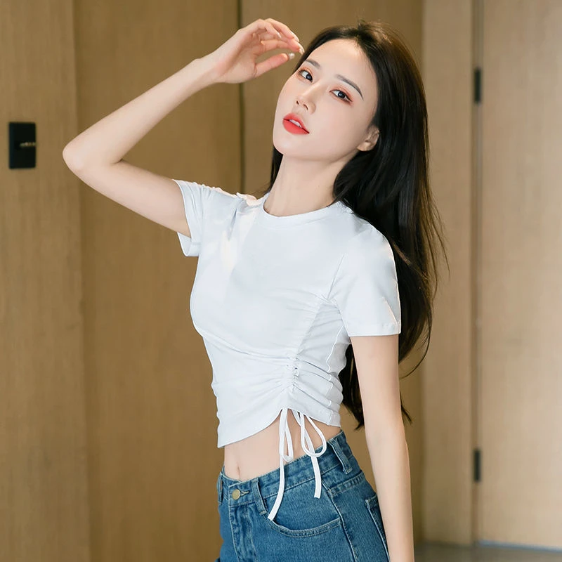 新款小众绑带抽绳短袖t恤洋气衣服女夏修身网红ing短款露脐纯欲风