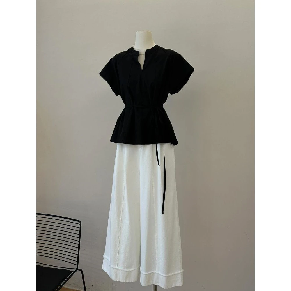 2025夏季新款韩系气质简约风黑色收腰T-恤高级感百搭宽松阔腿裤潮