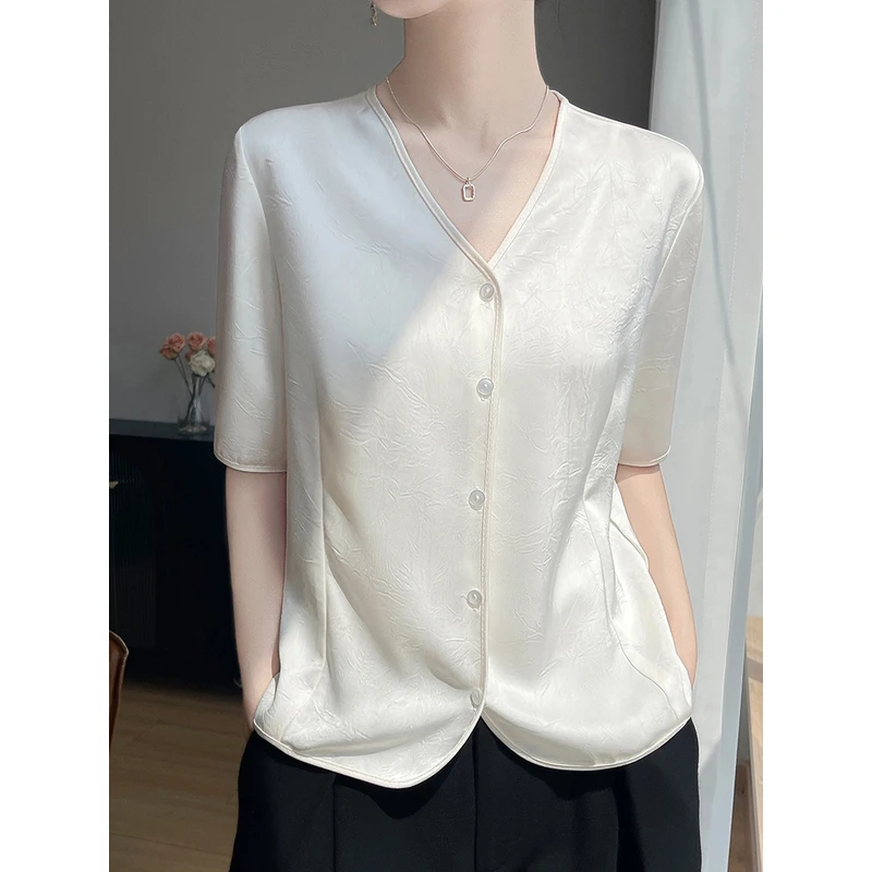 夏季新款刺绣宽松显瘦衬衫女法式短袖上衣V领气质衬衫短袖