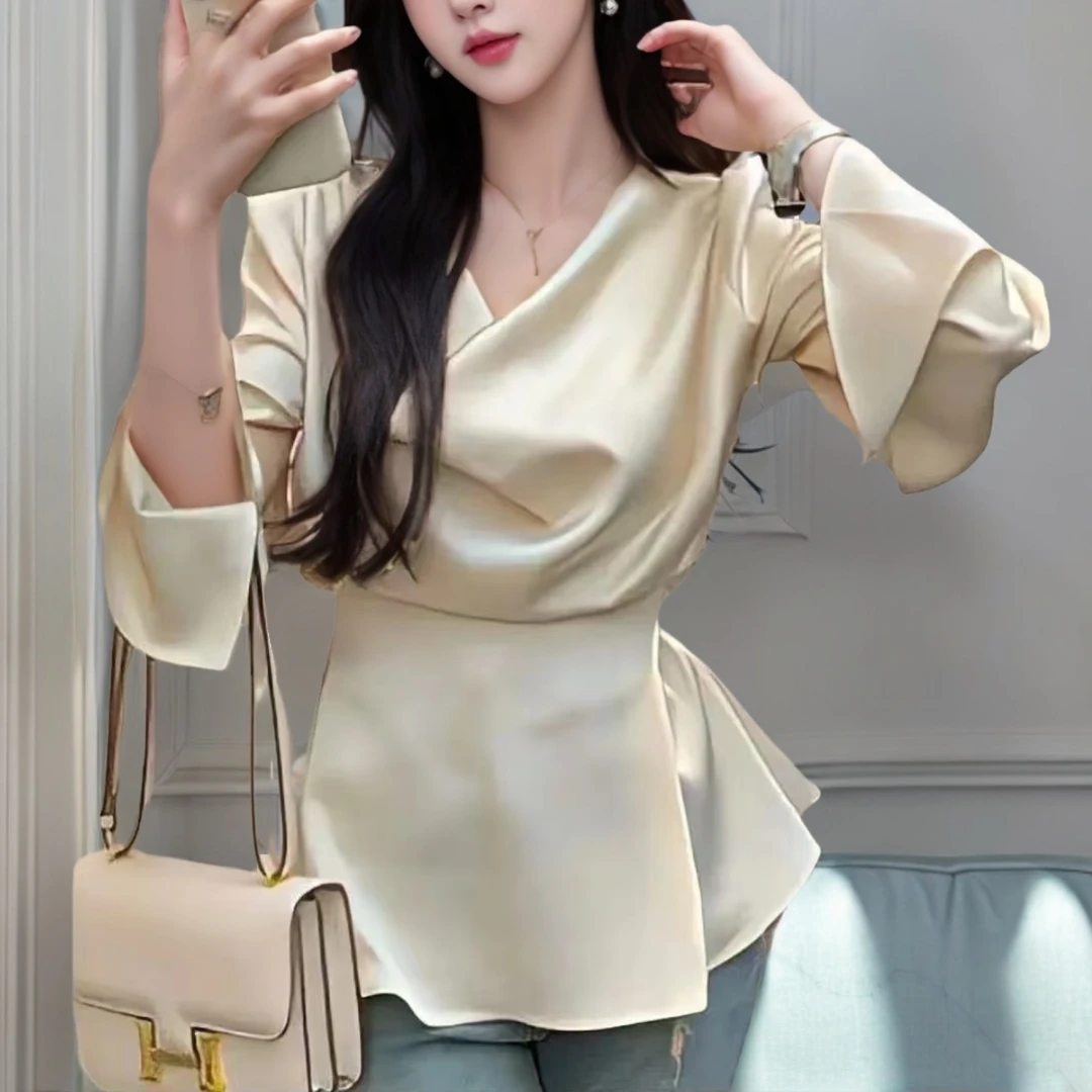 阿遥家【锦瑟年华】法式气质名媛风缎面荡领系带收腰上衣5102