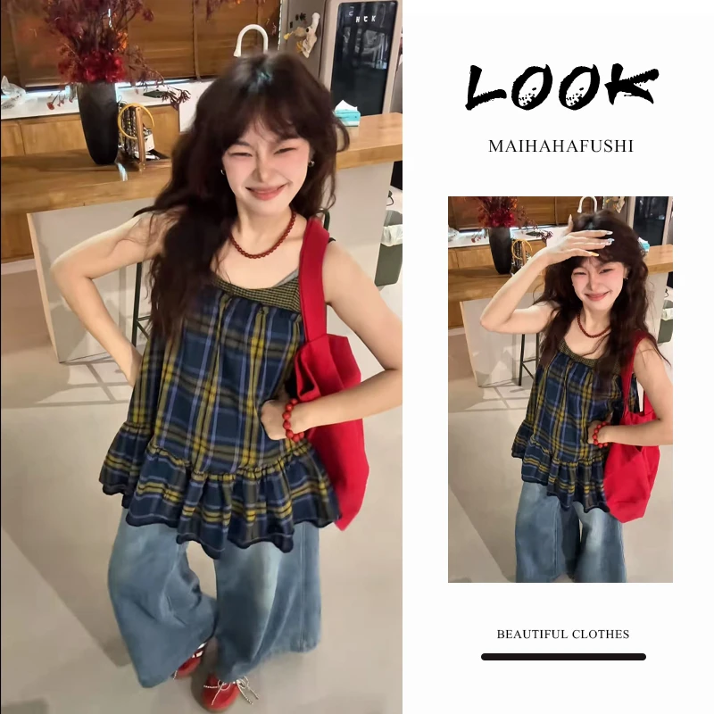 夏季时尚一整套女装2025新款设计感格纹吊带连衣裙牛仔裤两件套