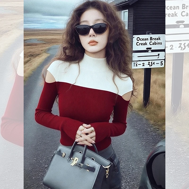 潮牌新款时尚洋气百搭女装衣服秋冬撞色内搭打底镂空针织衫小上衣