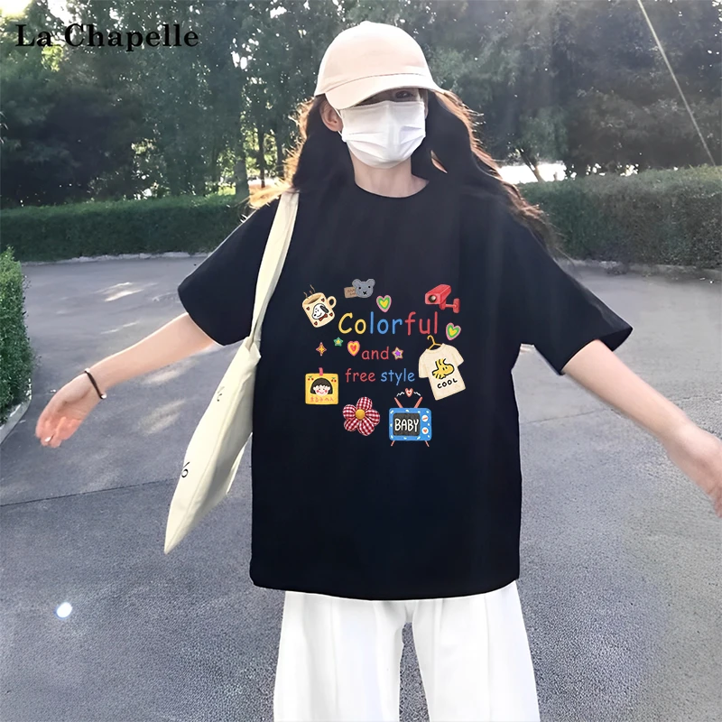 拉夏贝尔黑色短袖t恤女设计感2025新款夏纯棉宽松显瘦不撞款上衣X