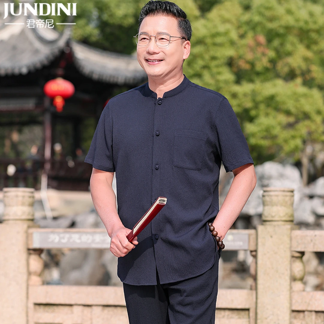 中老年唐装男士夏季中国风透气冰丝短袖爸爸夏装休闲套装爷爷装薄