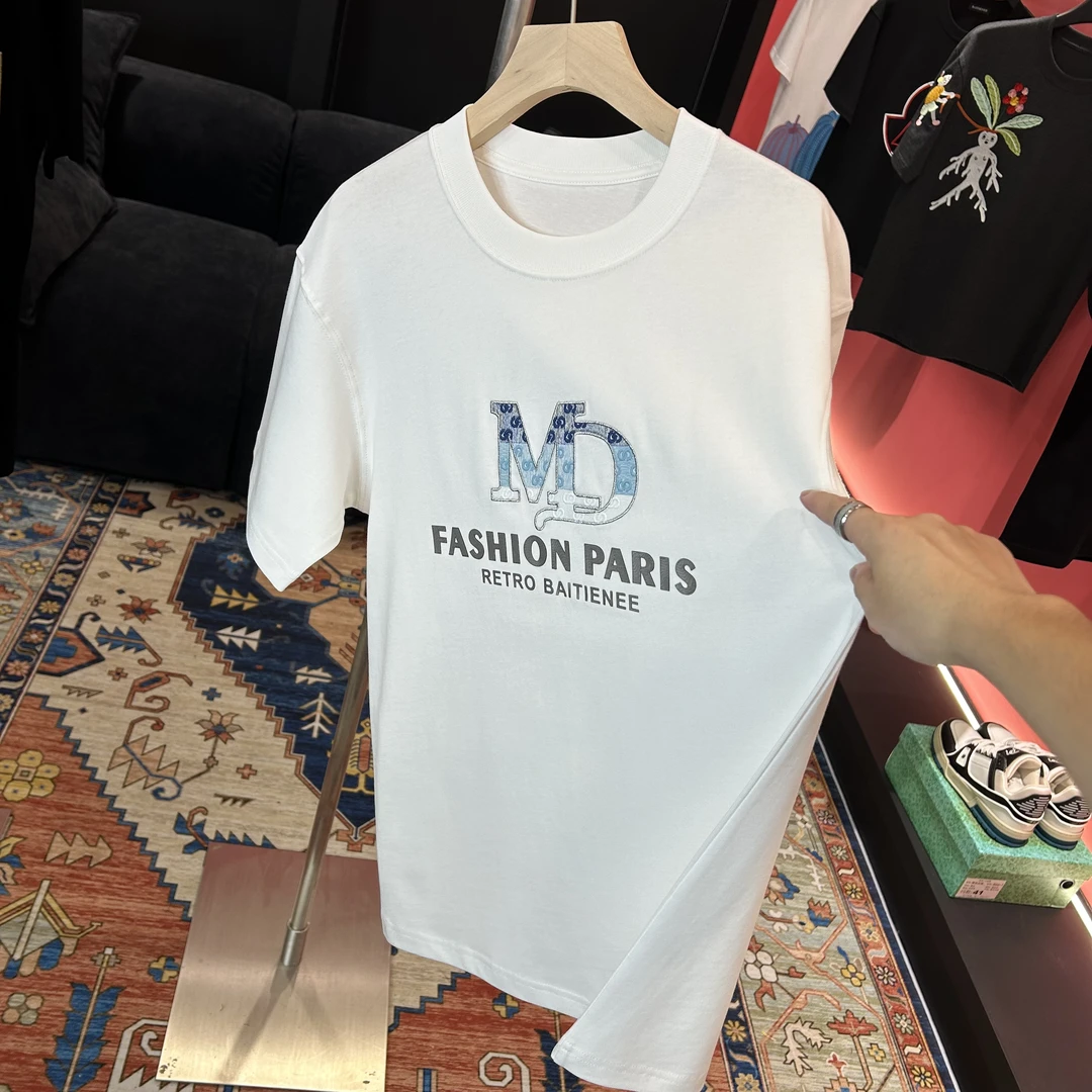 提花重工刺绣M系列轻奢短袖T恤夏季时尚圆领潮流设计师休闲百搭款