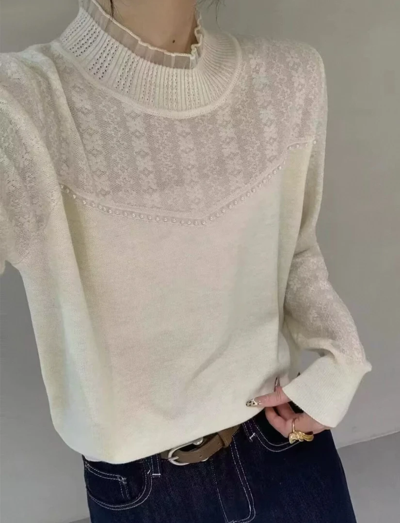 提花钉珠蕾丝花边领毛针织衫