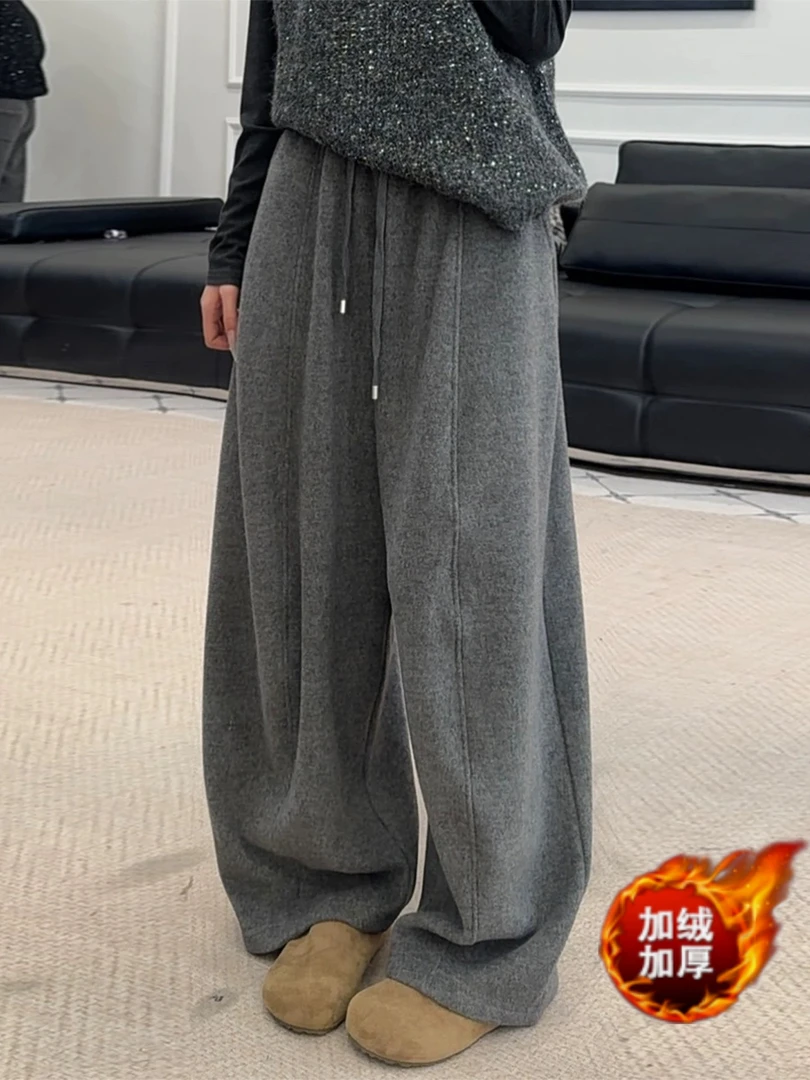 松紧腰抽绳弯刀呢子长裤拖地裤女2025冬季新款加绒毛呢韩版阔腿裤